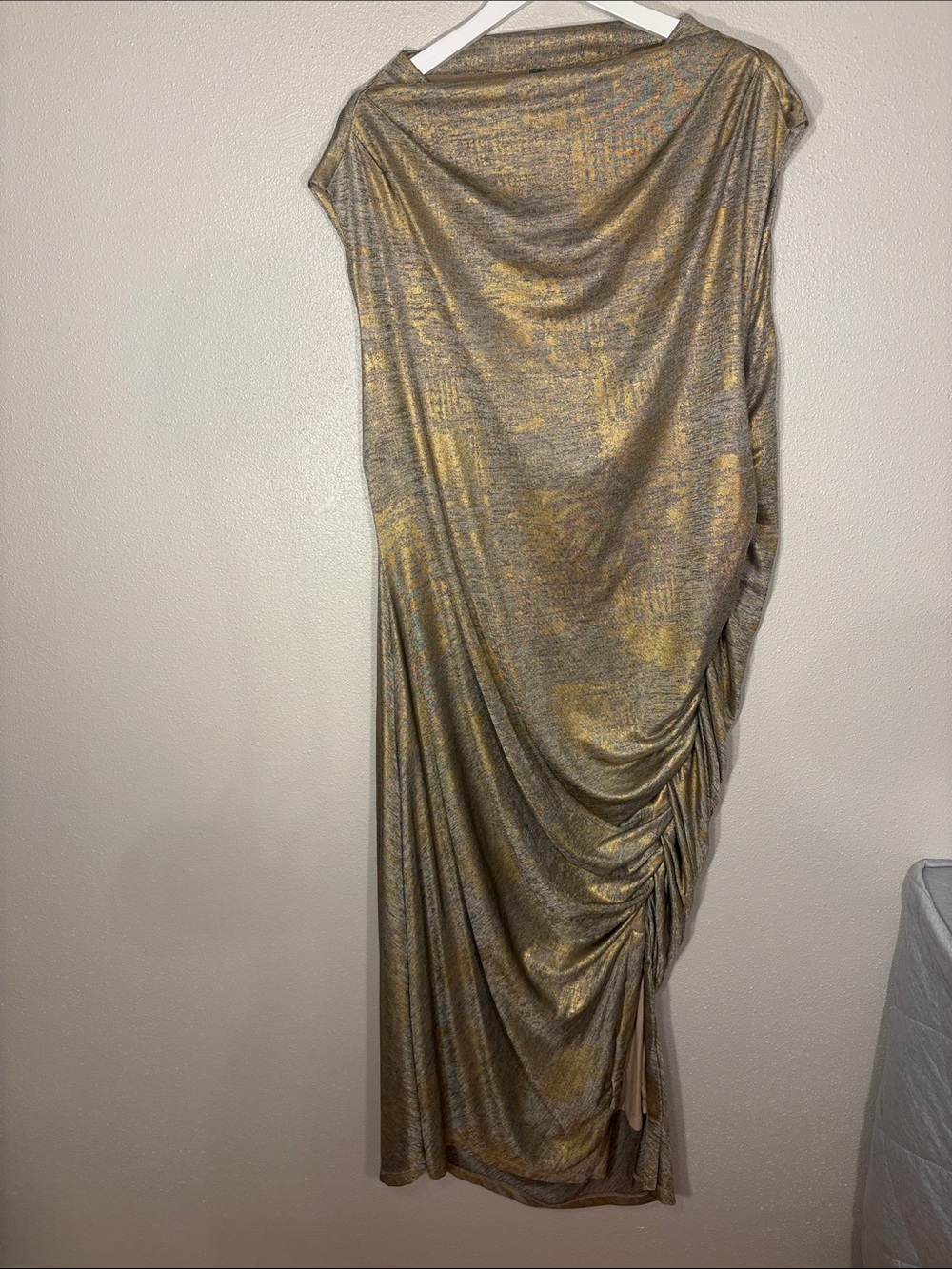 By Anthropologie Metallic Gold Foil Ruched Draped Asymmetric Dress 2XL - [MM]